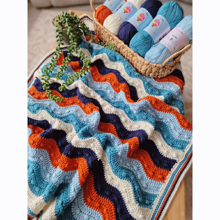 Gentle Ripples Bobble Baby Crochet Blanket Kit Blue & Orange by EmKatCrochet