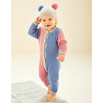 Sirdar Baby Colour Block Romper & Pom Pom Hat in Snuggly DK Knitting Pattern Download 5490 