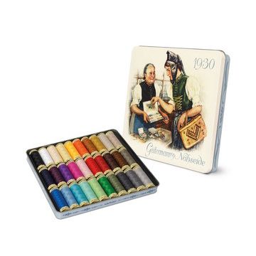 Gutermann Nostalgic Tin with Sew All Threads Primary and Pastels 30rls x 100m